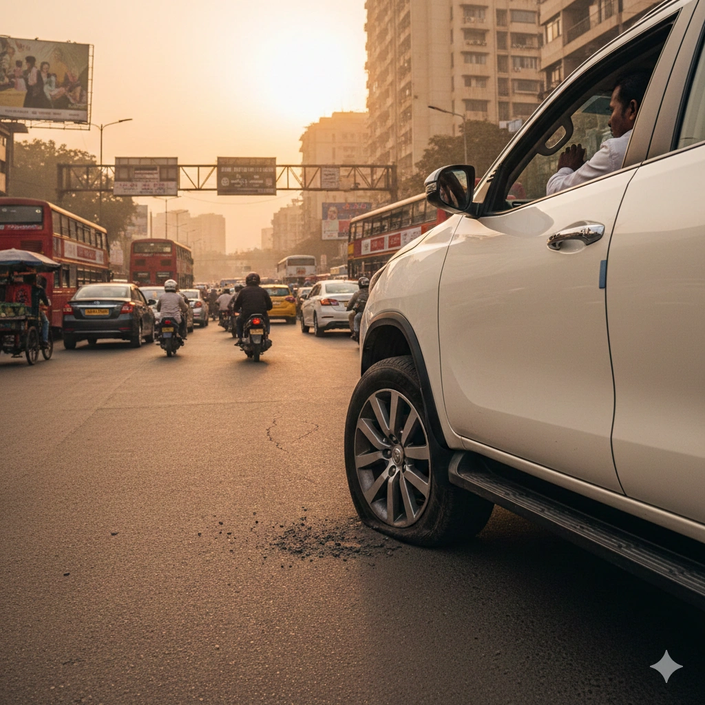 Driving with a damaged rim in Mumbai