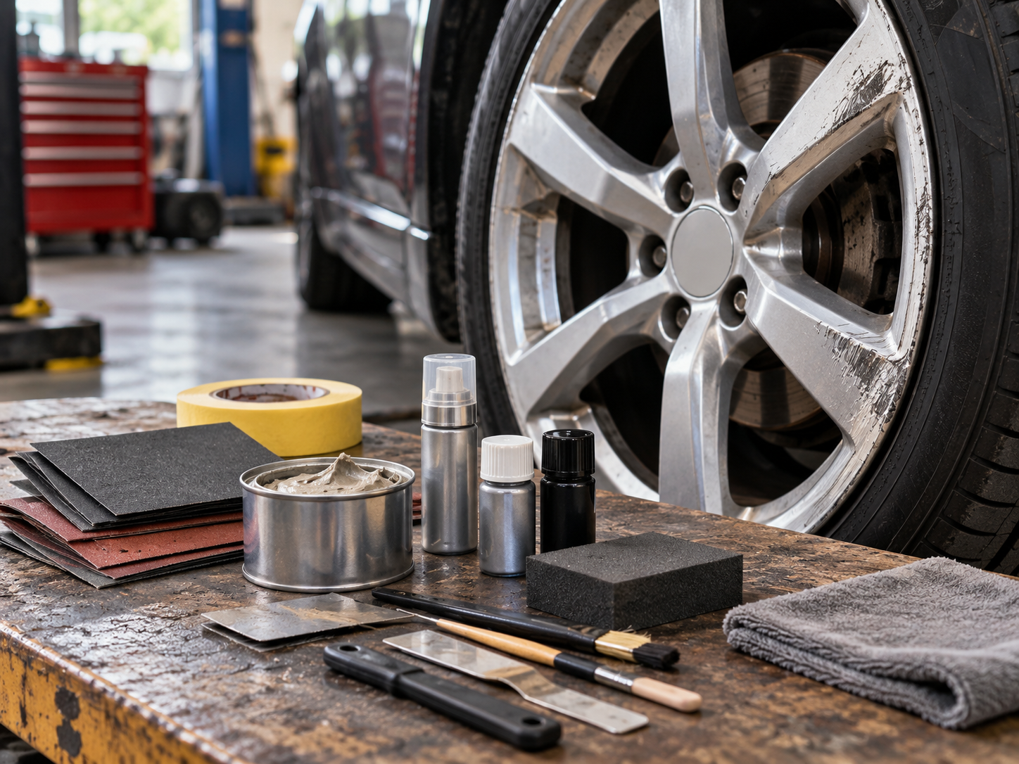 DIY alloy wheel repair kit with filler, sandpaper and touch-up paint.