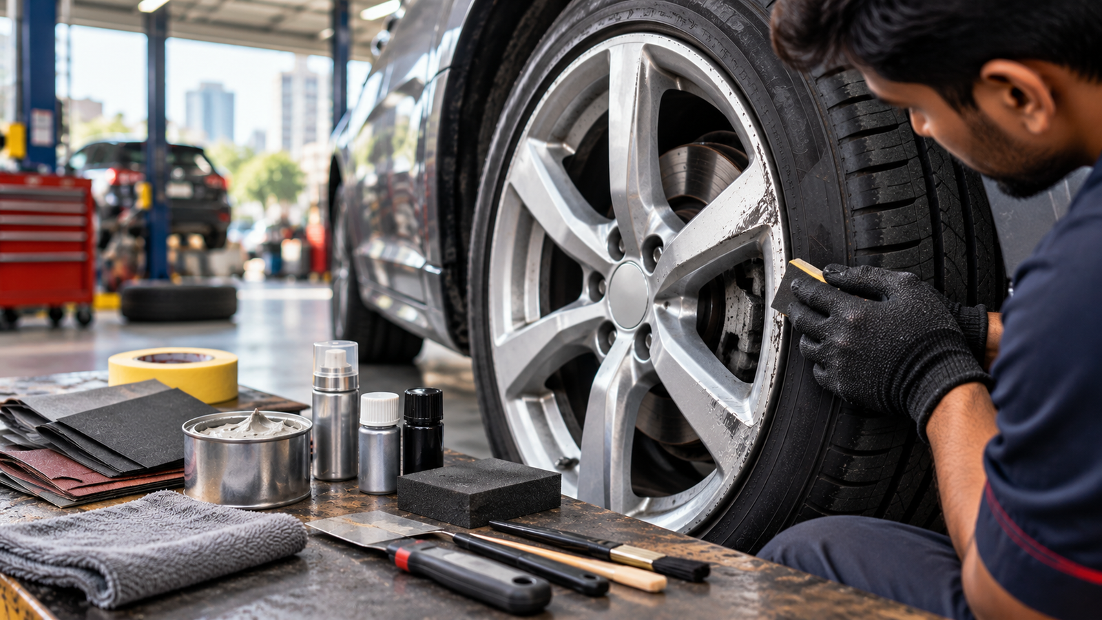 Alloy wheel repair kit being used to repair a scratched silver alloy wheel in a workshop
