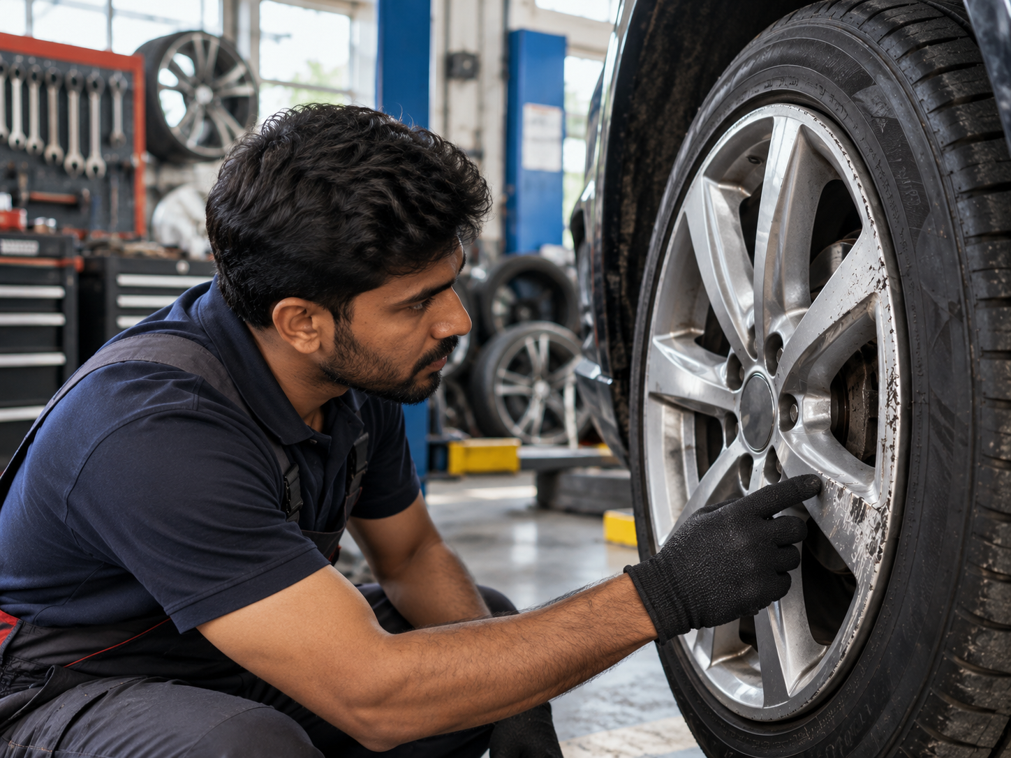  Professional inspecting a damaged alloy wheel before repair in Mumbai.